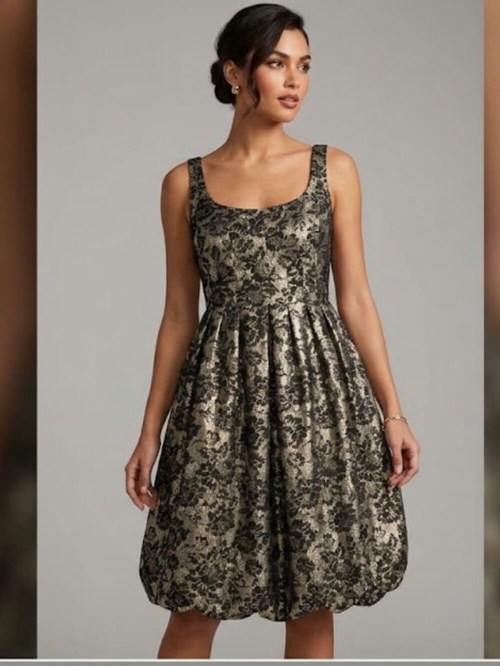 London Times Black Gold Shimmer Floral Bubble Hem Dress 6P
